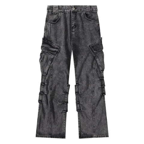 "READY" High Street Jeans Men Vintage Pleated Flare Large Pocket Denim Trousers Male Washed Distressed Loose Pants Autumn Streetwear New VOIR GRAY S 